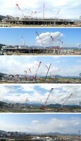建設が進む京都スタジアム（下から２０１８年１月１９日、６月１２日、８月３０日、１０月２９日、１２月１１日に撮影）