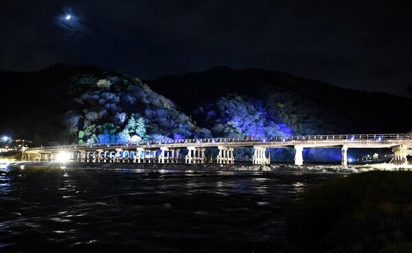 <div class="caption">／ライトアップされた渡月橋（８日午後６時１６分、京都市右京区）</div>