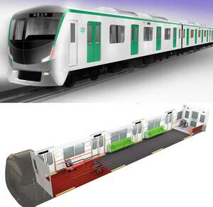 京都市営地下鉄烏丸線の新車両デザイン（上）、内部には車いすやベビーカーのスペースを確保する（京都市交通局提供）