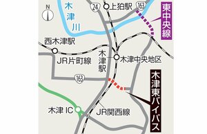 【地図】木津東バイパスと東中央線