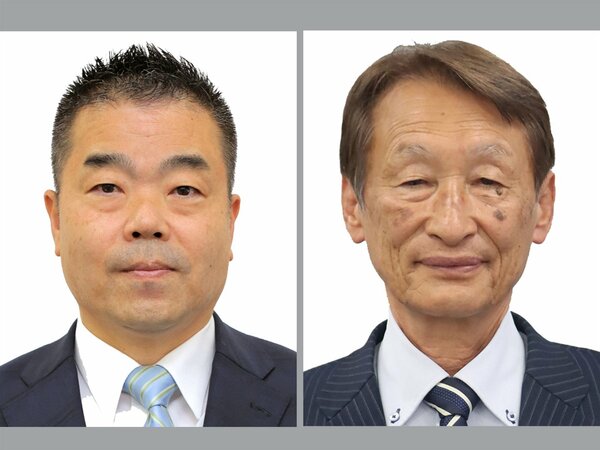 滋賀知事選の立候補者。左から届け出順に三日月大造氏と小西喜代次氏