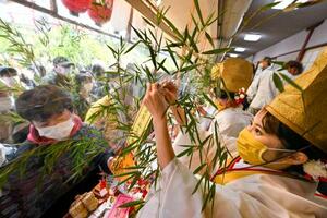 　大阪市浪速区の今宮戎神社で「十日えびす」の幕開けとなる「宵えびす」が始まり、参拝客の福ザサに飾り付けをするマスク姿の福娘＝９日午前
