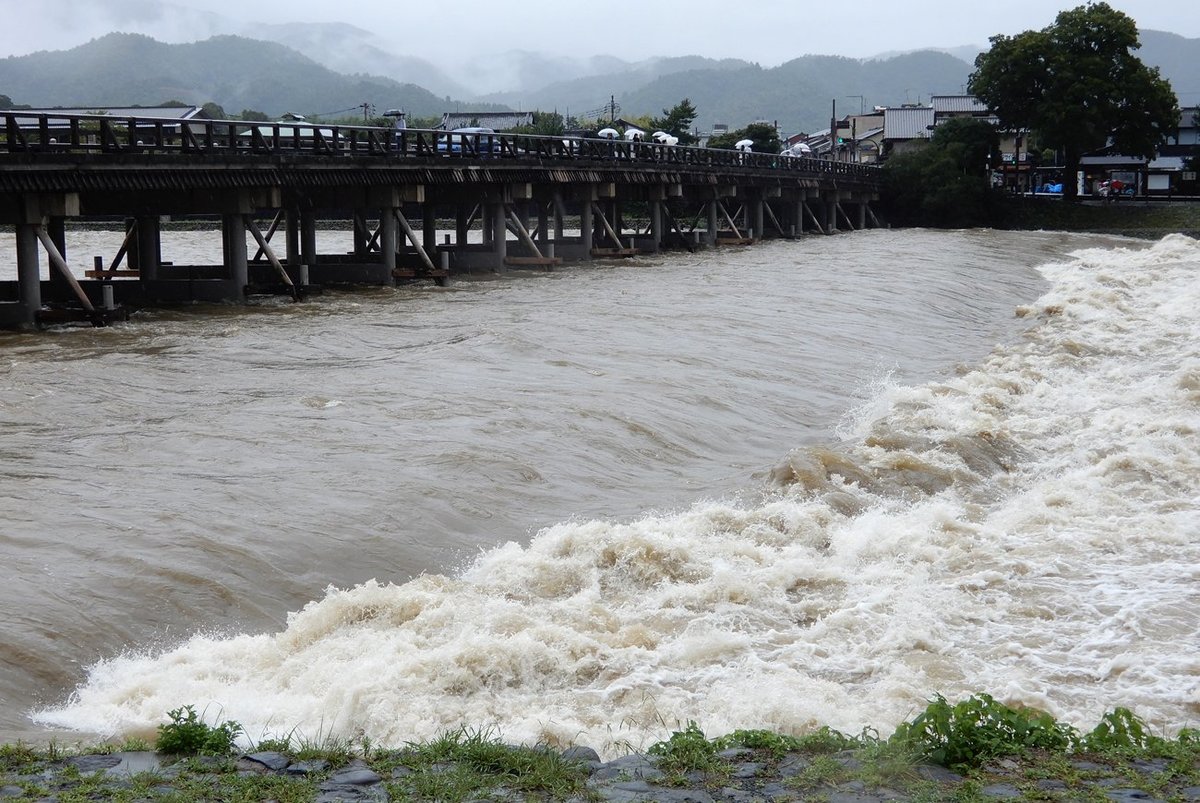 【大雨】京都・渡月橋一帯では桂川が濁流に