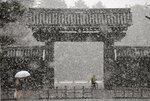 しんしんと降り始めた雪（２０日午後５時、京都市上京区・堺町御門）